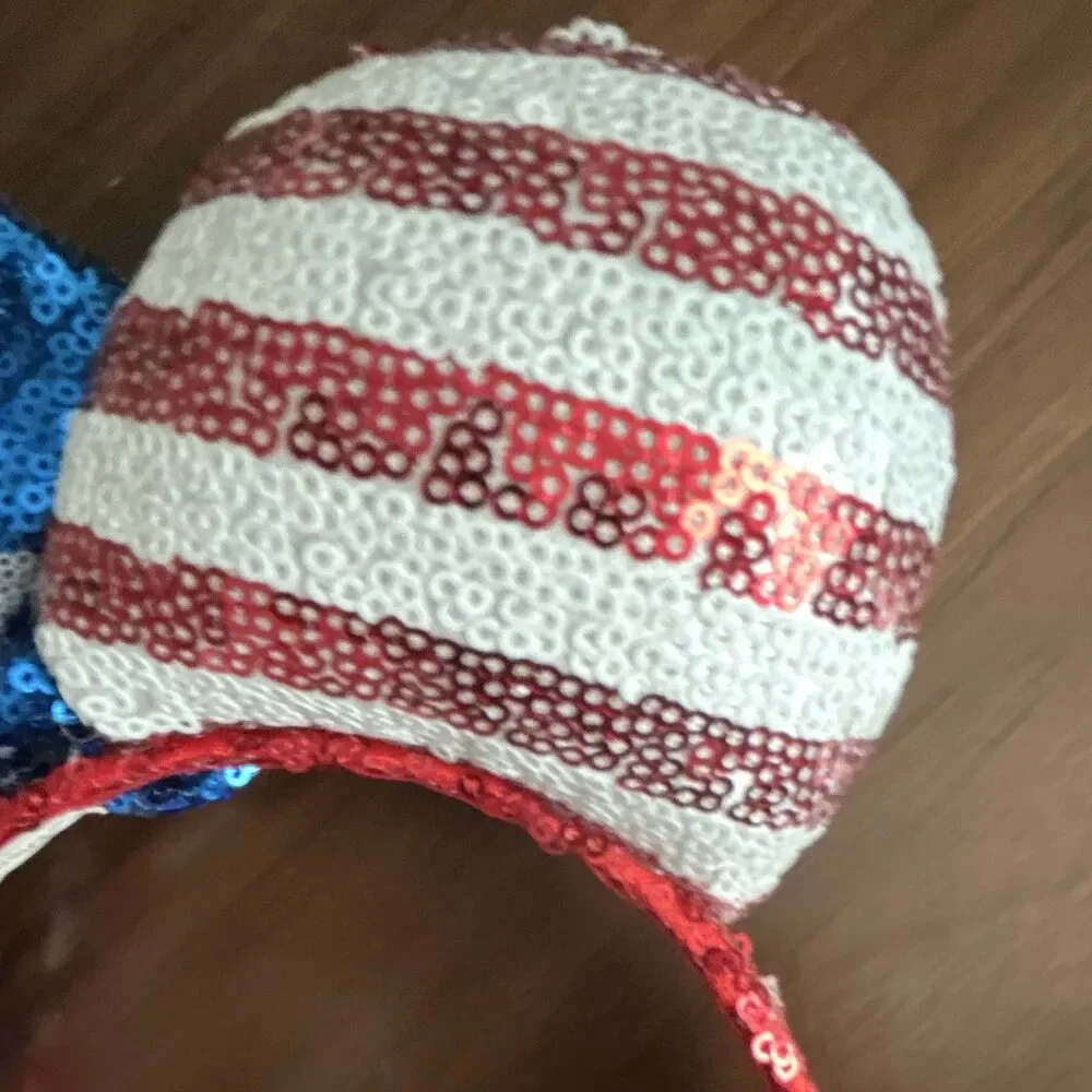 Disney Minnie Mouse USA Sequined Ears Bow Headband Striped Red/White/Blue